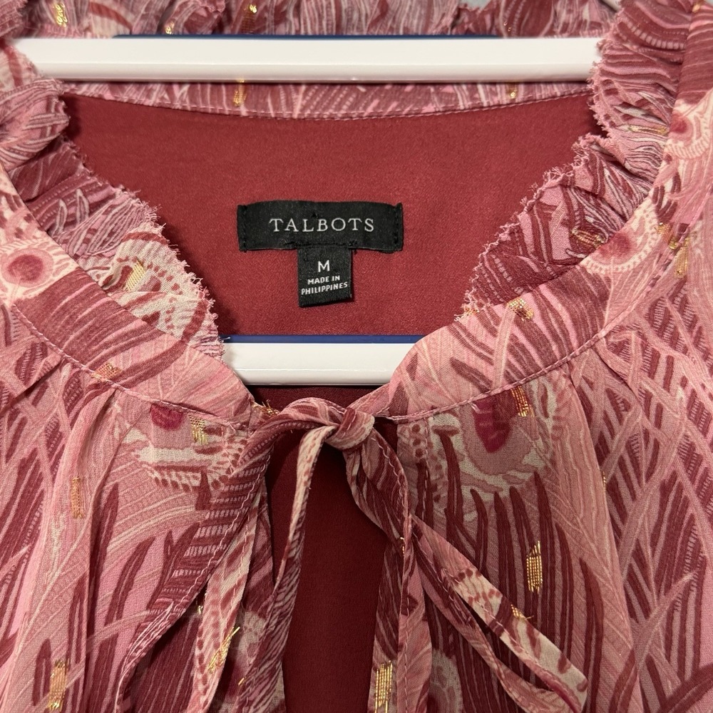 Talbots Blouse Boho Peacock Feathers Pink Flowy Romantic Ruffles Lined Sz M